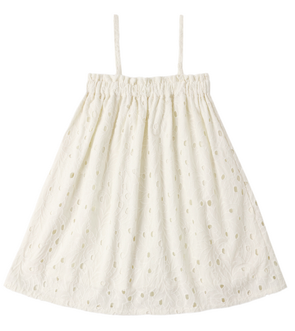 Rylee & Cru Girls' Sahara Mini Dress featuring adjustable thin straps and an embroidered eyelet pattern, shown flat on a white background.