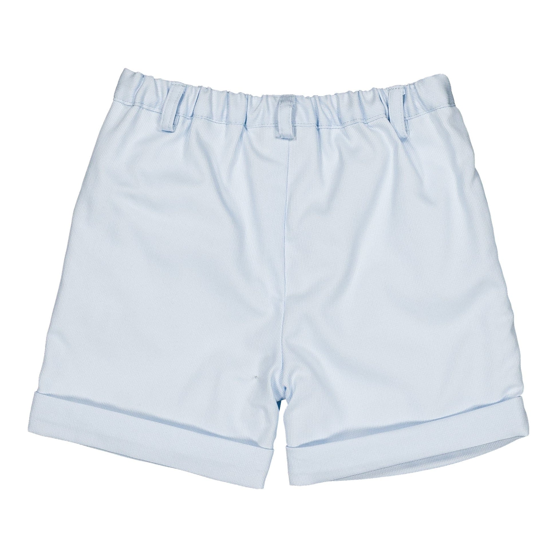 The Kidiwi Baby Boys' and Boys' Adam Shorts feature light blue cotton fabric, an elastic waistband, belt loops, and rolled cuffs—perfect summer shorts for boys.