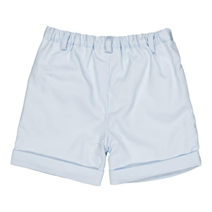 The Kidiwi Baby Boys' and Boys' Adam Shorts feature light blue cotton fabric, an elastic waistband, belt loops, and rolled cuffs—perfect summer shorts for boys.