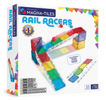 The Magnatiles Rail Racers 33-Piece Set is a STEM toy with colorful, translucent magnetic tiles and two red cars, letting ages 3–99 build creative racetracks for racing fun.