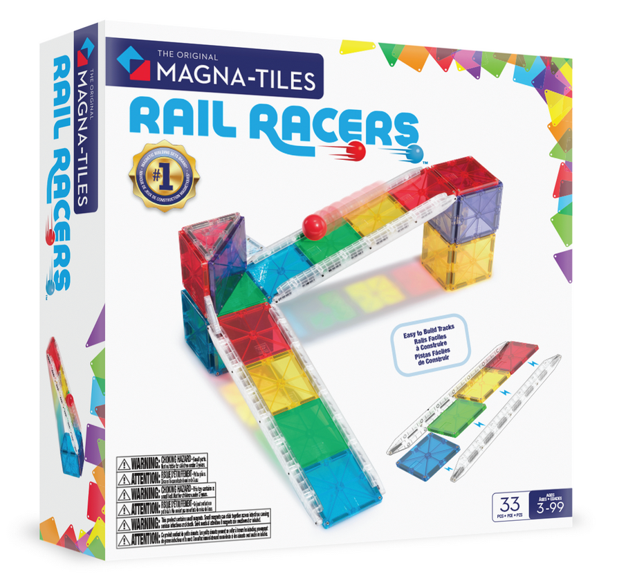 The Magnatiles Rail Racers 33-Piece Set is a STEM toy with colorful, translucent magnetic tiles and two red cars, letting ages 3–99 build creative racetracks for racing fun.
