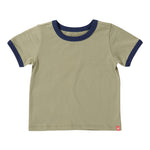 A Kids’ Adventure T-Shirt by Coop Kids PC in plain khaki, featuring navy blue trim on the collar and sleeves and a subtle Coop logo, is displayed laid flat on a white background.
