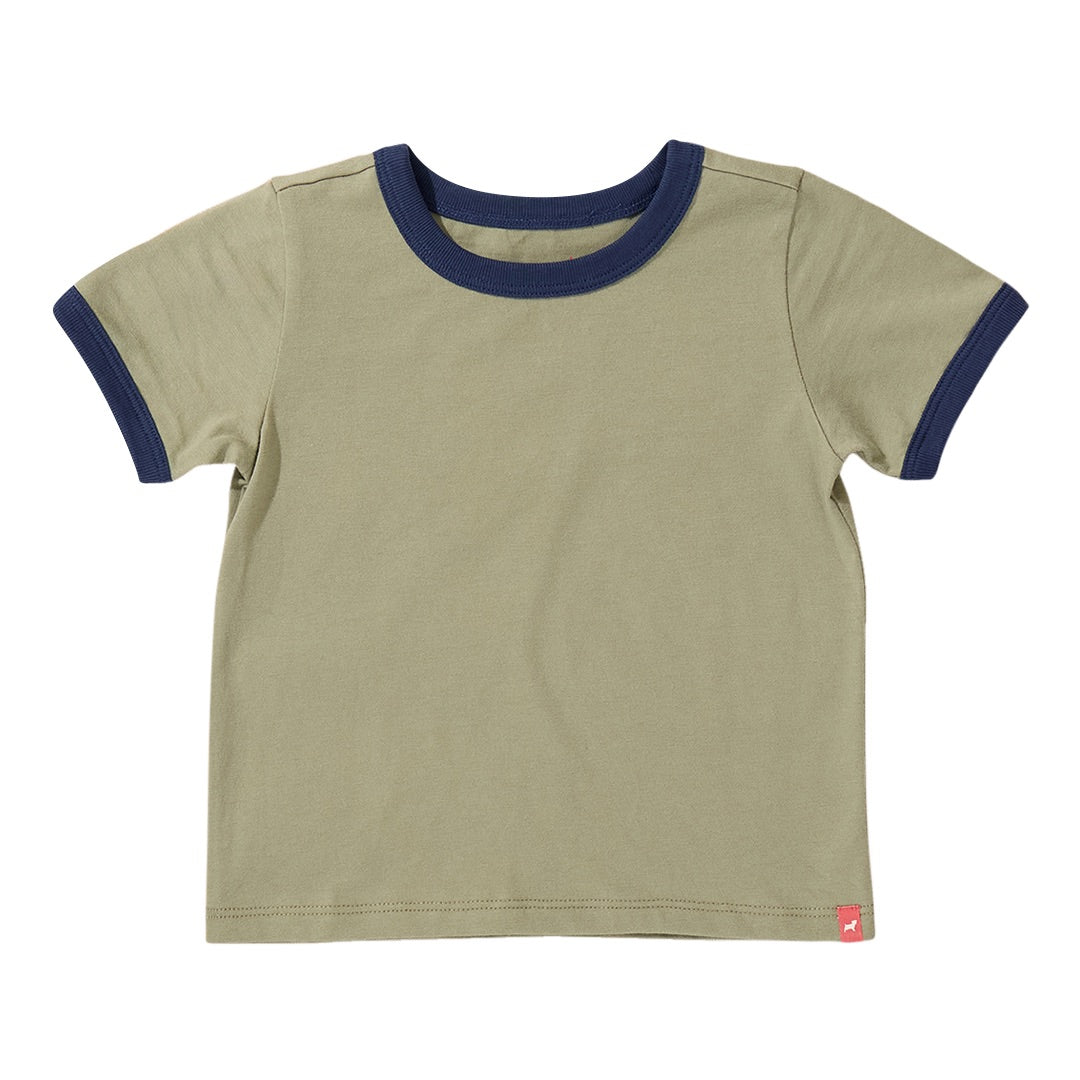 A Kids’ Adventure T-Shirt by Coop Kids PC in plain khaki, featuring navy blue trim on the collar and sleeves and a subtle Coop logo, is displayed laid flat on a white background.