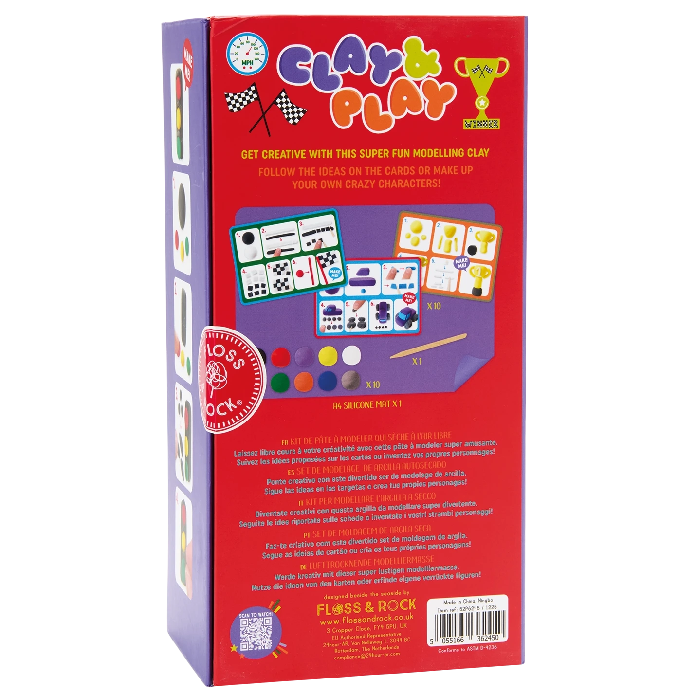 Back of a “Cars Clay & Play” modeling clay sculpting kit box by Floss and Rock, featuring instructions, contents, safety symbols, and colorful illustrations of air-dry clay creations and car-themed characters on cards.