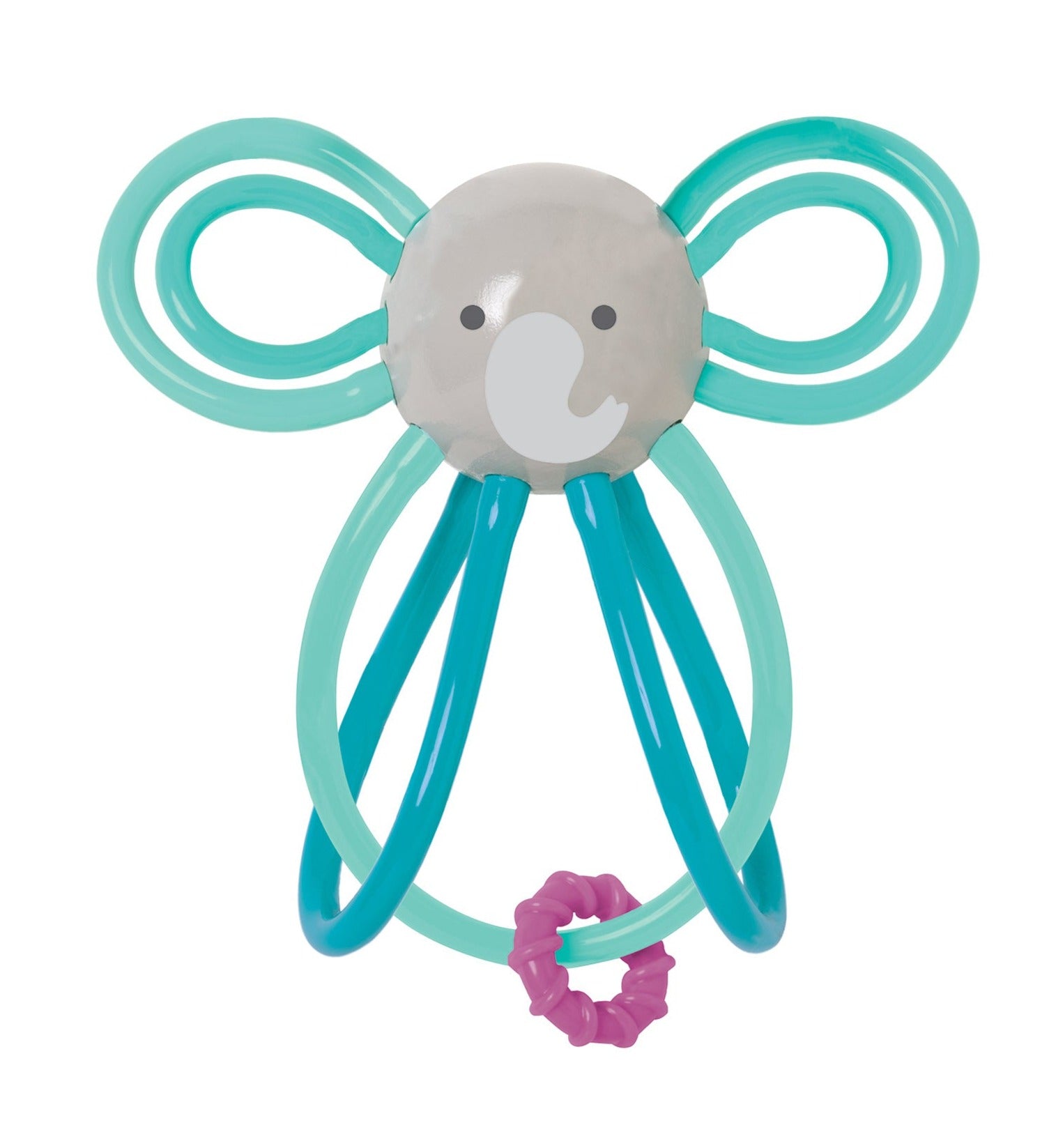 The Manhattan Toy Winkel Elephant by Manhattan Toy is a baby toy shaped like an elephant, featuring green loops as ears and legs, and a small purple ring at the bottom. Perfect for teething, this toy supports various developmental stages.