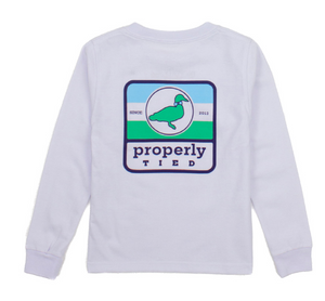 The Boys' Signature LS Tee by Properly Tied is a white cotton long-sleeve shirt with a duck graphic and "properly tied" text on the back.