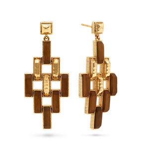 Pathway Post Drop Earrings by Juliska Capucine De Wulf feature hammered gold interlocking rectangles with textured edges, making them perfect as unique geometric statement earrings.