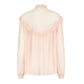 Light pink Aereine Marwari Blouse by Blaze Milano features long sleeves, a high neck with ruffled shoulder trim, a billowing silhouette, and gathered back fabric for added charm. Made from a silk blend.