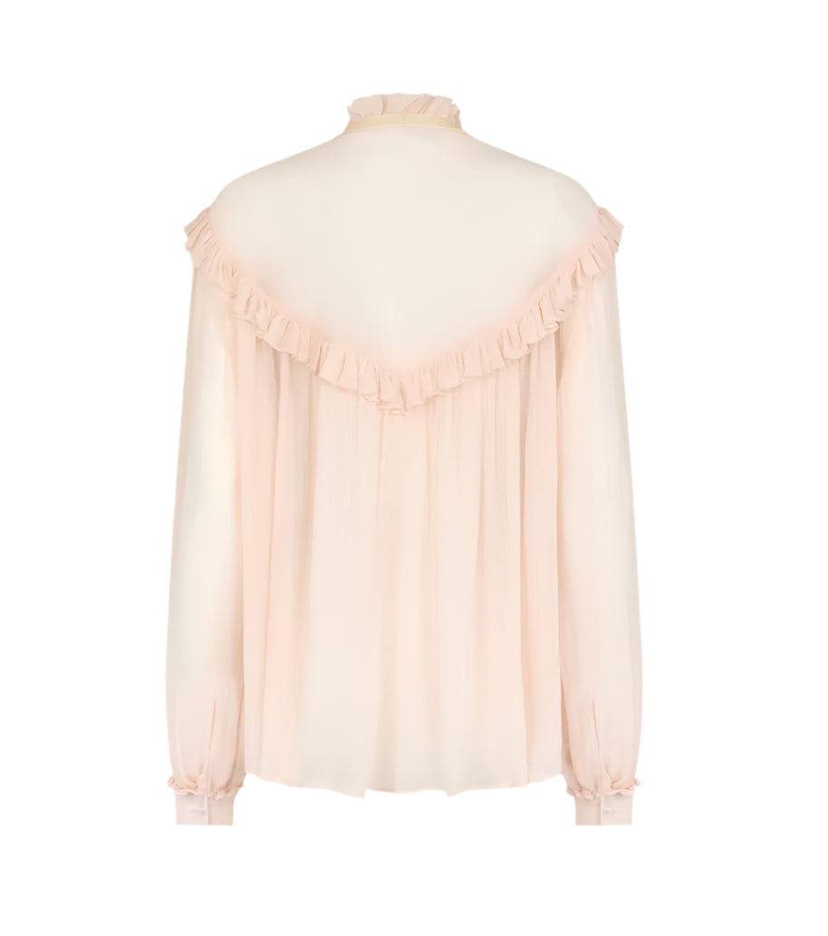 Light pink Aereine Marwari Blouse by Blaze Milano features long sleeves, a high neck with ruffled shoulder trim, a billowing silhouette, and gathered back fabric for added charm. Made from a silk blend.
