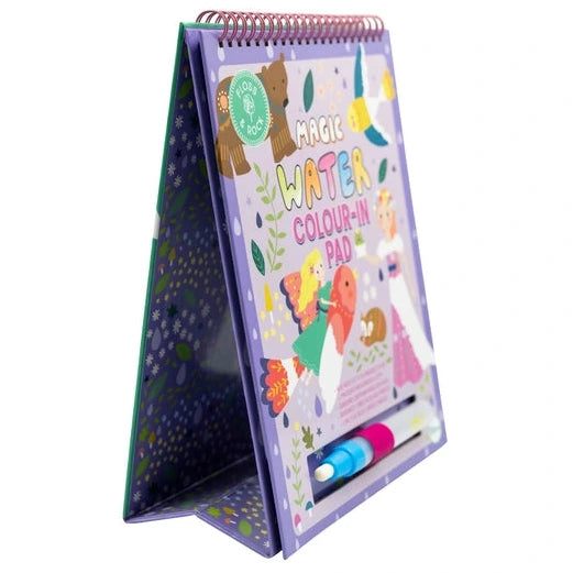 The Floss and Rock Fairy Tale Easel Watercard and Pen is a spiral-bound, upright-standing pad that features colorful fairy tale illustrations and comes with two water pens attached at the bottom. This mess-free, reusable coloring pad lets kids enjoy hours of creative fun without any spills or stains.