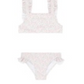 The Minnow Girls' Ruffle Strap Bikini in Antique Floral features a square-neck top with ruffled shoulder straps, ruffled sides on the bottoms, and an adjustable back tie for a comfortable fit.