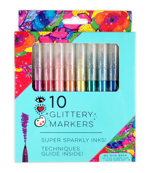 Bright Stripes 10 Glittery Markers are perfect for anyone who loves to draw with sparkling colors. Each marker features floral designs on the top and sides, includes text that highlights the sparkly inks, and comes with a techniques guide.