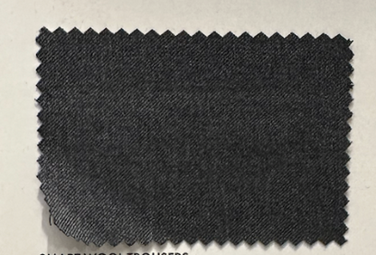 A rectangular swatch of dark gray fabric from the Samuelsohn Slim Fit Flat Front Wool Pants, featuring an unfinished hem and pinked edges, is displayed on a light background.