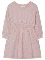 The Serendipity Girls’ Sweat Dress is a light pink, long-sleeve toddler dress made from soft organic cotton. GOTS certified, it features charming embroidered dots and a gathered waist for comfort and style. Displayed laid flat on a white background, this dress offers both a subtle small dot pattern and an eco-friendly touch.