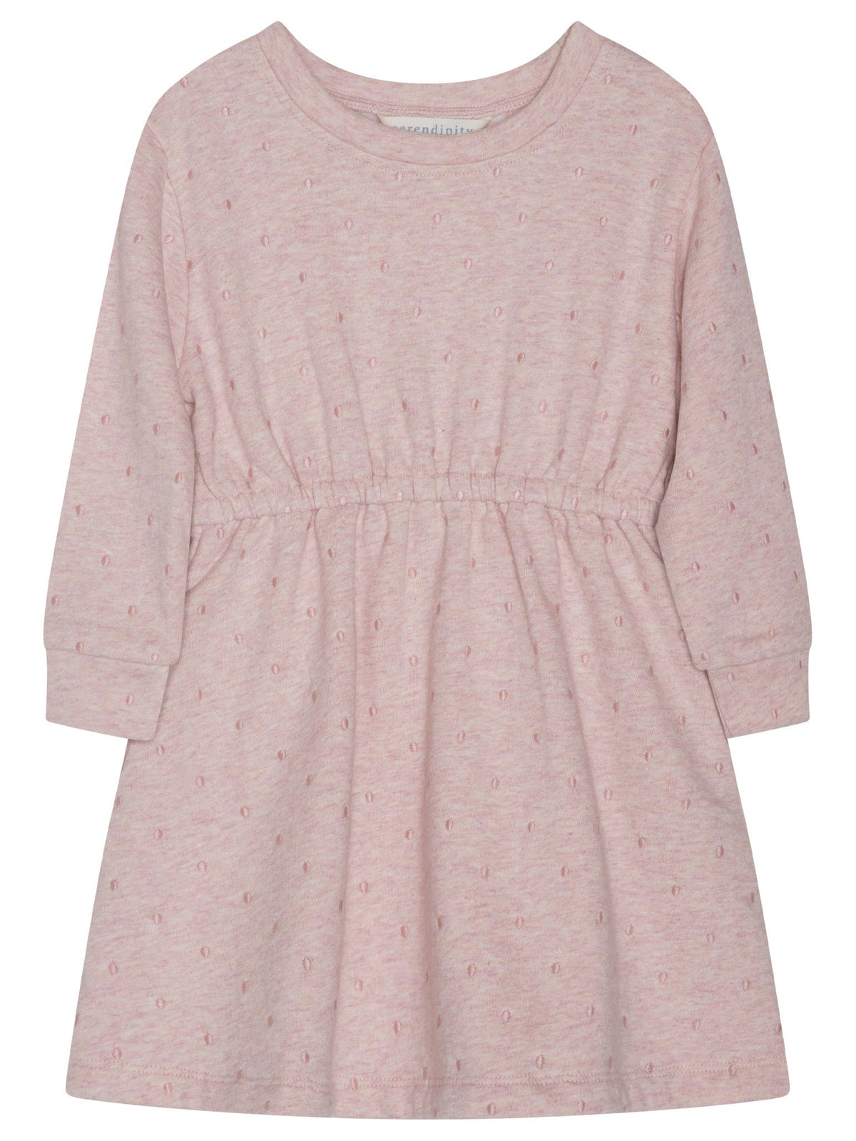 The Serendipity Girls’ Sweat Dress is a light pink, long-sleeve toddler dress made from soft organic cotton. GOTS certified, it features charming embroidered dots and a gathered waist for comfort and style. Displayed laid flat on a white background, this dress offers both a subtle small dot pattern and an eco-friendly touch.