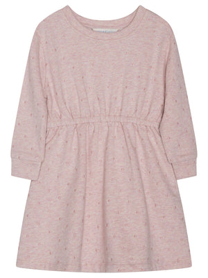 The Serendipity Girls’ Sweat Dress is a light pink, long-sleeve toddler dress made from soft organic cotton. GOTS certified, it features charming embroidered dots and a gathered waist for comfort and style. Displayed laid flat on a white background, this dress offers both a subtle small dot pattern and an eco-friendly touch.