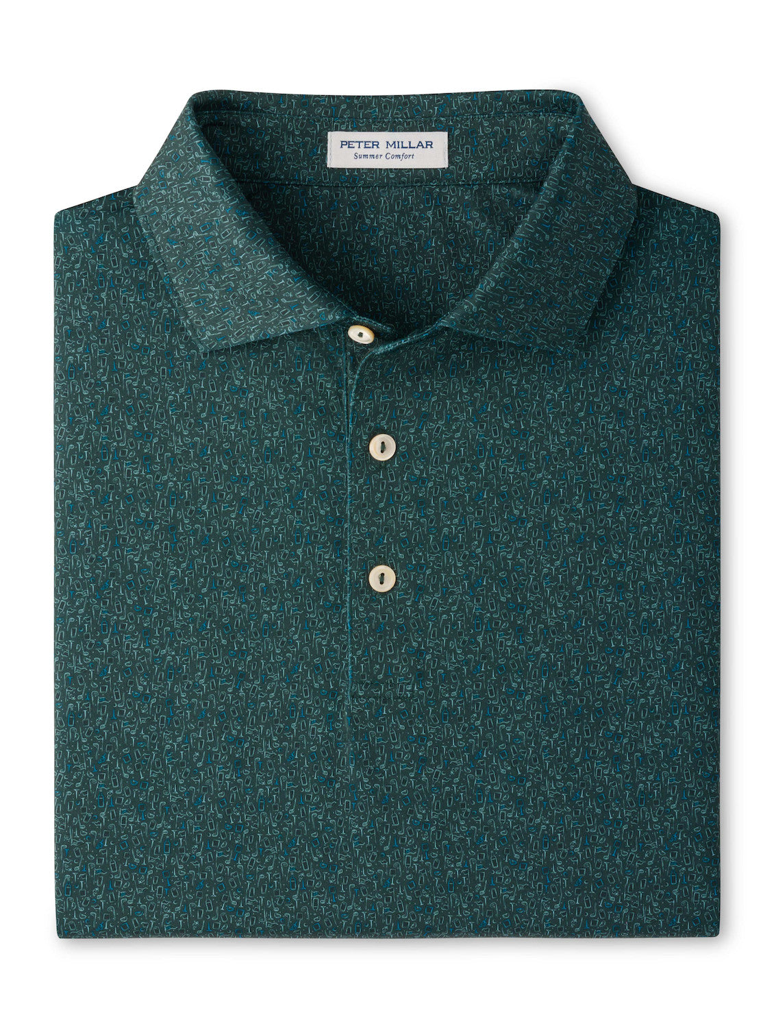 Peter Millar Transfusion Performance Jersey Polo in dark green with a small, abstract geometric pattern, three light-colored buttons, and UPF 50+ protection.