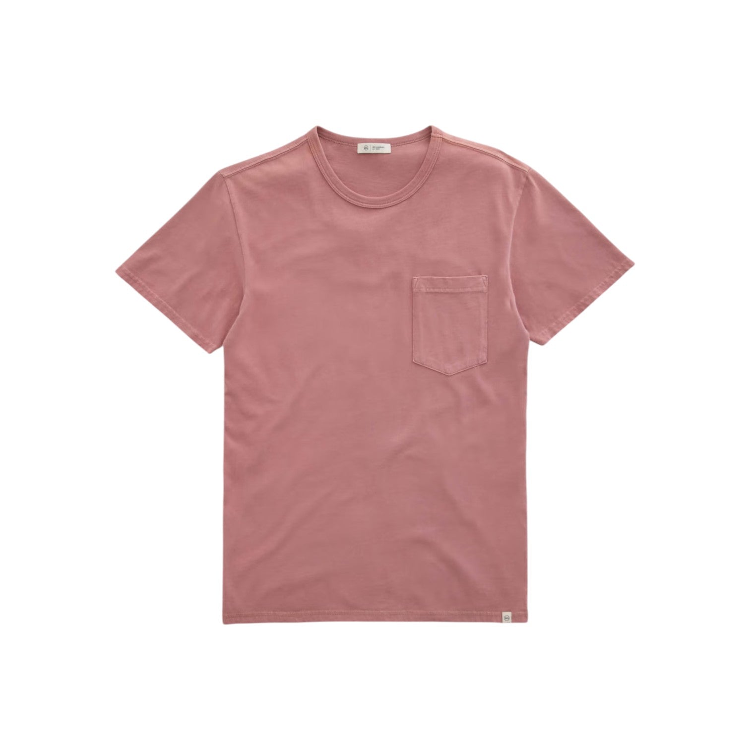 AG Jeans Nick Pocket Tee – a vintage-inspired, plain pink short-sleeve t-shirt with a chest pocket, crafted from Comfort Combed Cotton, displayed on a white background.