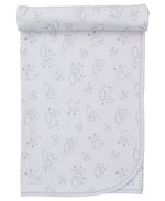 The Kissy Kissy Cheerful Good Night Printed Blanket is a white Pima cotton baby blanket with a rolled edge and grey clouds, moons, stars, and smiling faces—a cozy choice for bedtime.
