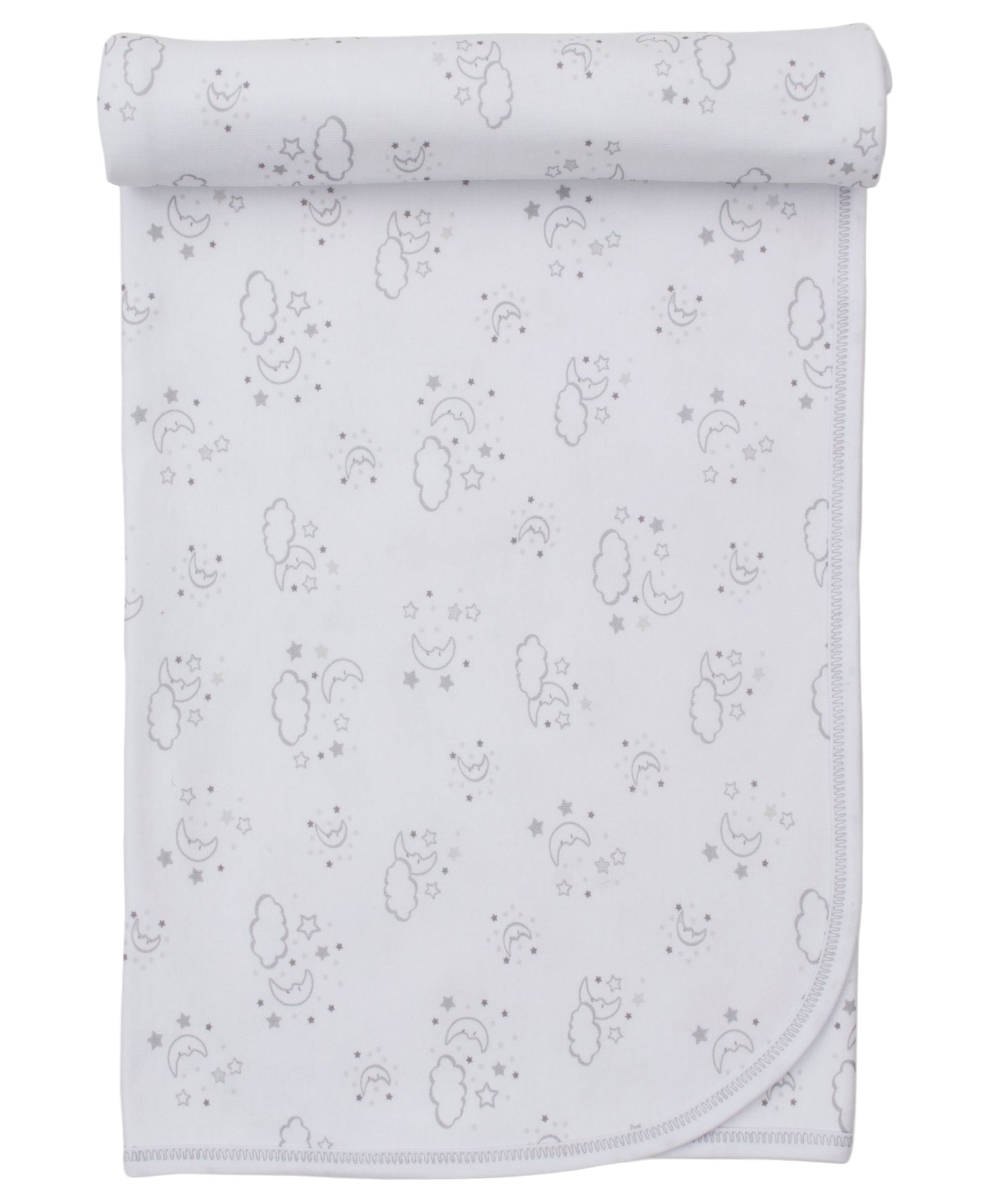 The Kissy Kissy Cheerful Good Night Printed Blanket is a white Pima cotton baby blanket with a rolled edge and grey clouds, moons, stars, and smiling faces—a cozy choice for bedtime.