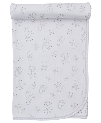 The Kissy Kissy Cheerful Good Night Printed Blanket is a white Pima cotton baby blanket with a rolled edge and grey clouds, moons, stars, and smiling faces—a cozy choice for bedtime.