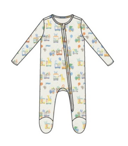 The Baby Animal Train 2-Way Zip Footie by Angel Dear is a charming long-sleeve onesie with a front zipper, featuring playful signature prints of letters and cartoon animals like giraffes and elephants on a soft white background for stylish comfort.