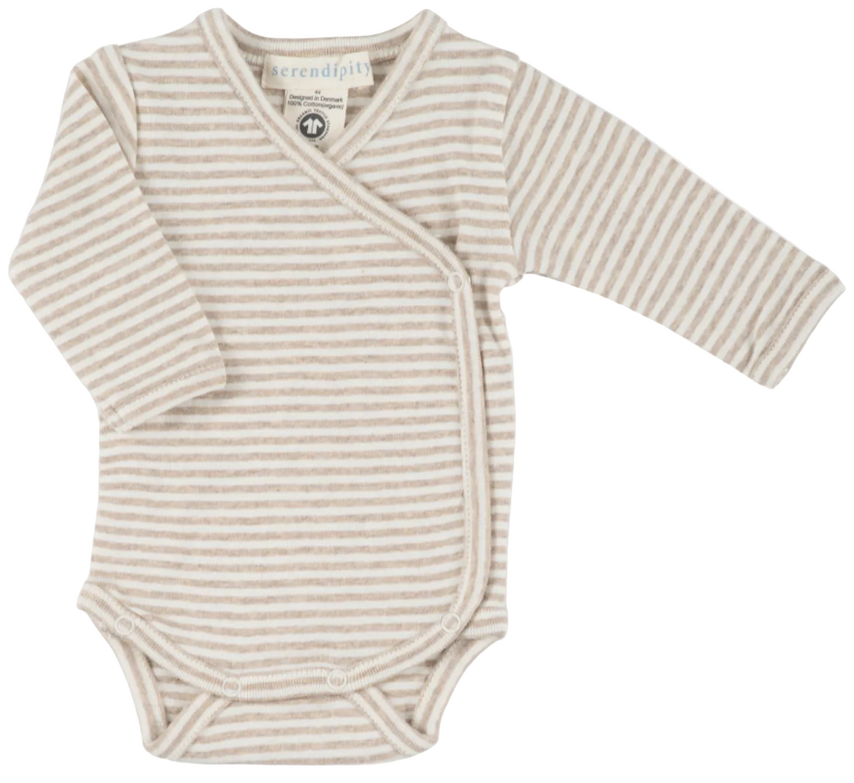 Serendipity’s Newborn Rib Stripe Body Wrap, shown here in beige and white stripes on a white background, is a cozy long-sleeve baby body made from GOTS certified organic cotton. Featuring a wrap-style front and snap closures at the bottom, it’s the perfect essential for your newborn’s wardrobe.