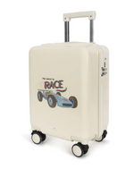 The Konges Slojd Travel Suitcase by Konges Slojd is a beige carry-on with a telescopic handle and 360-degree spinner wheels. It features a race car illustration with the text "my pace is RACE" on the side, combining style and smooth travel.