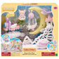 The Calico Critters Daydream Parade Playset in packaging includes a cat figure, moon float, steam train, and pastel clouds, designed for children ages 3 and up.