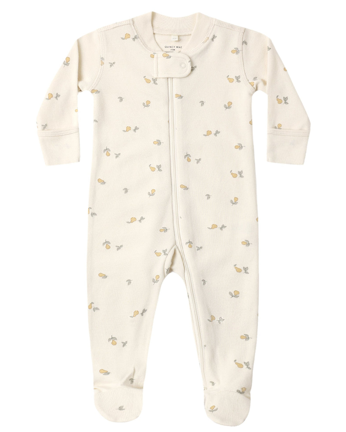 The Quincy Mae Baby Zip Long Sleeve Sleeper Footie is crafted from soft organic brushed jersey and features footed legs for extra warmth. Adorned with delicate animal and leaf patterns in light colors, this cozy sleeper blends comfort with charming style for your little one.