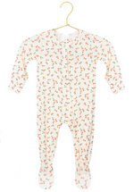 The Lou Lou & Company Baby Girls’ Lottie Zipper Footie features a silky-soft white fabric adorned with a pink floral print, long sleeves, and cozy footed design. Displayed on a gold hanger against a white background, this zippered sleeper is the perfect piece of comfortable baby sleepwear.