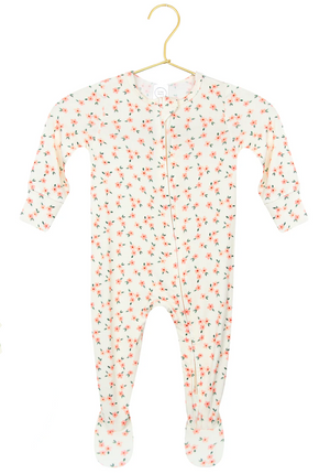 The Lou Lou & Company Baby Girls’ Lottie Zipper Footie features a silky-soft white fabric adorned with a pink floral print, long sleeves, and cozy footed design. Displayed on a gold hanger against a white background, this zippered sleeper is the perfect piece of comfortable baby sleepwear.