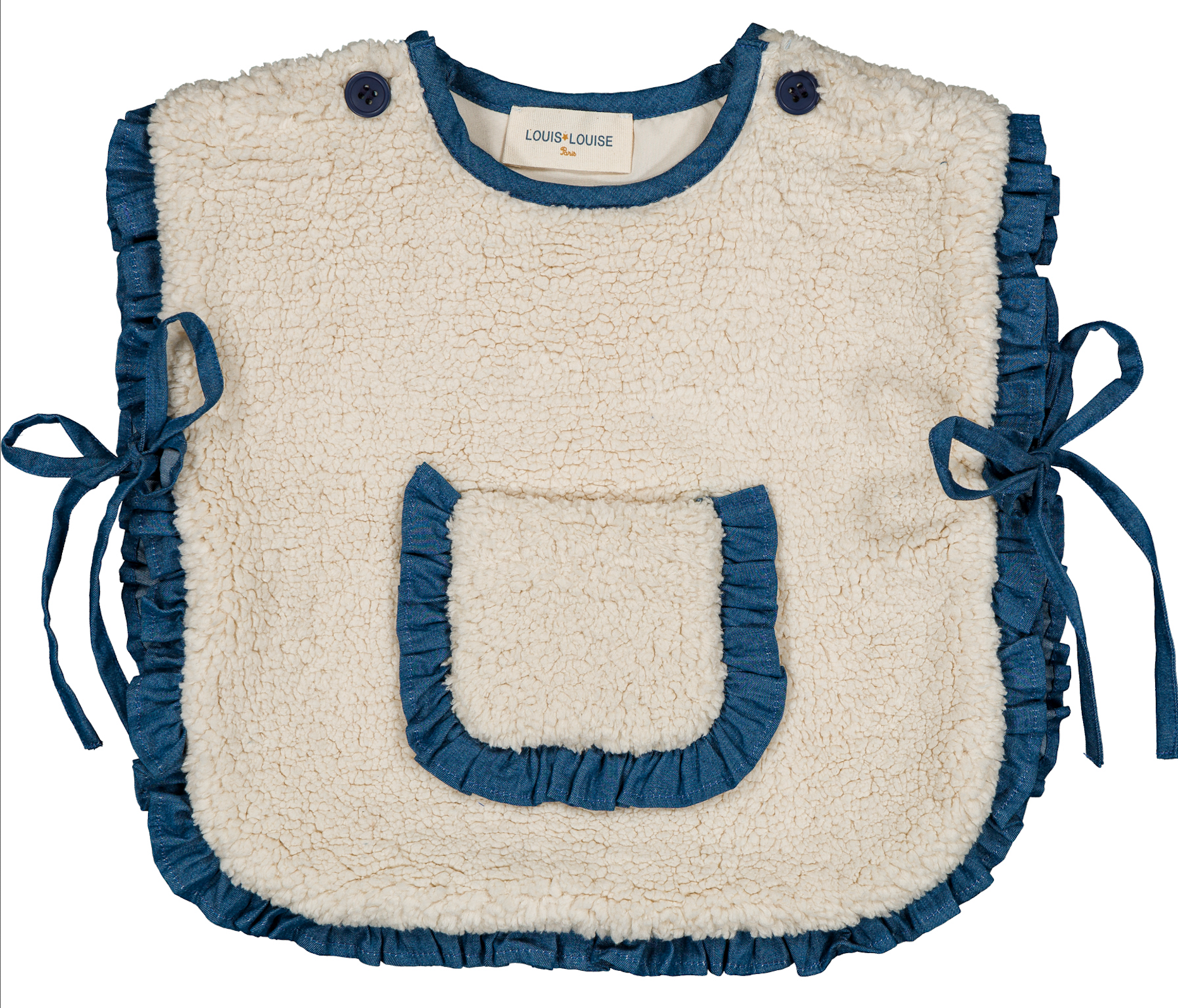 The LL Capuchon Fake Fur Poncho by Louis Louise features a cream sherpa design, blue ruffled edges, blue side ties, a center pocket, and button fastenings at the shoulders.