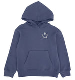 A blue Boys’ Hadley Peace Hoody by Feather 4 Arrow featuring a front pocket and a small white smiley face graphic on the left chest.