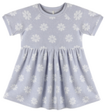 The Rylee & Cru Baby Girls' and Girls' Raglan Dress is light purple with a white floral pattern, short sleeves, and a gathered waist, shown laid flat on a white background.