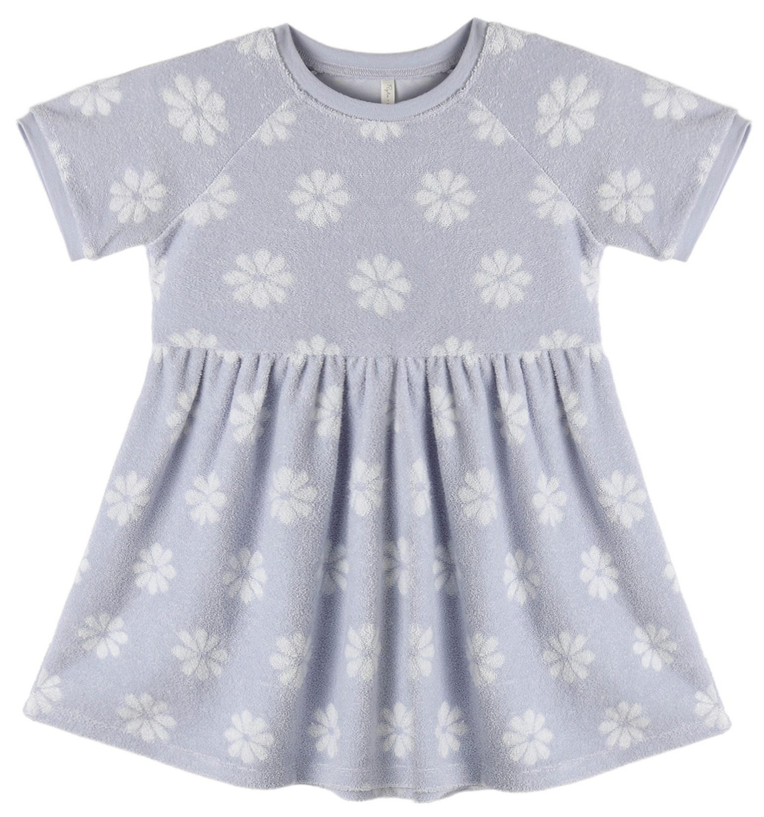 The Rylee & Cru Baby Girls' and Girls' Raglan Dress is light purple with a white floral pattern, short sleeves, and a gathered waist, shown laid flat on a white background.
