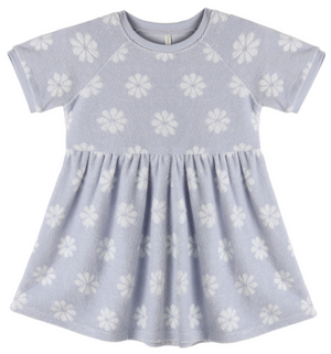 The Rylee & Cru Baby Girls' and Girls' Raglan Dress is light purple with a white floral pattern, short sleeves, and a gathered waist, shown laid flat on a white background.