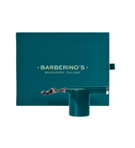 A teal Barberino's box with "Benessere Italiano" and a matching razor holder showcase the Barberino's Ultimate 5 Blade Razor, designed for a close shave.