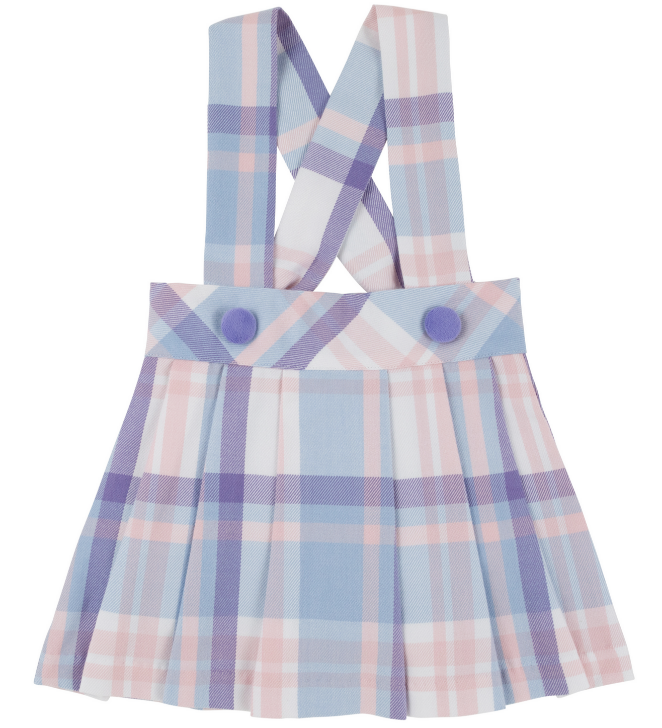The Beaufort Bonnet Company's Girls' Pearl Prep Skirt features a pastel Peach Blossom Plaid in blue, pink, and purple, with pleats, crossed suspenders, and two decorative buttons on the waistband.