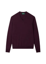The Alan Paine Millbreck V-Neck Merino Wool Sweater, featuring long sleeves and a rich dark maroon hue, is laid flat on a white background to highlight its classic knitwear design—an ideal men’s layering piece.