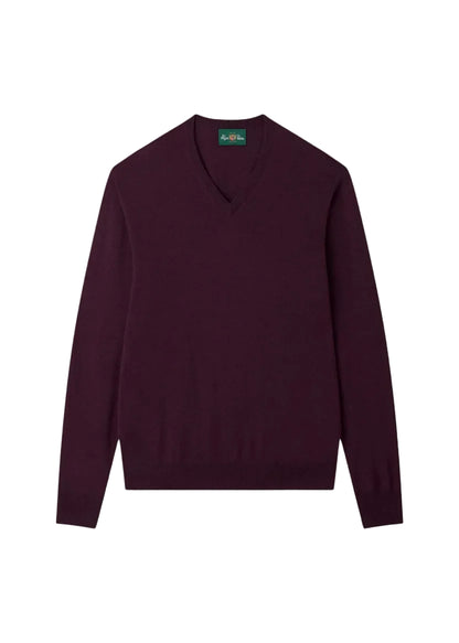 The Alan Paine Millbreck V-Neck Merino Wool Sweater, featuring long sleeves and a rich dark maroon hue, is laid flat on a white background to highlight its classic knitwear design—an ideal men’s layering piece.