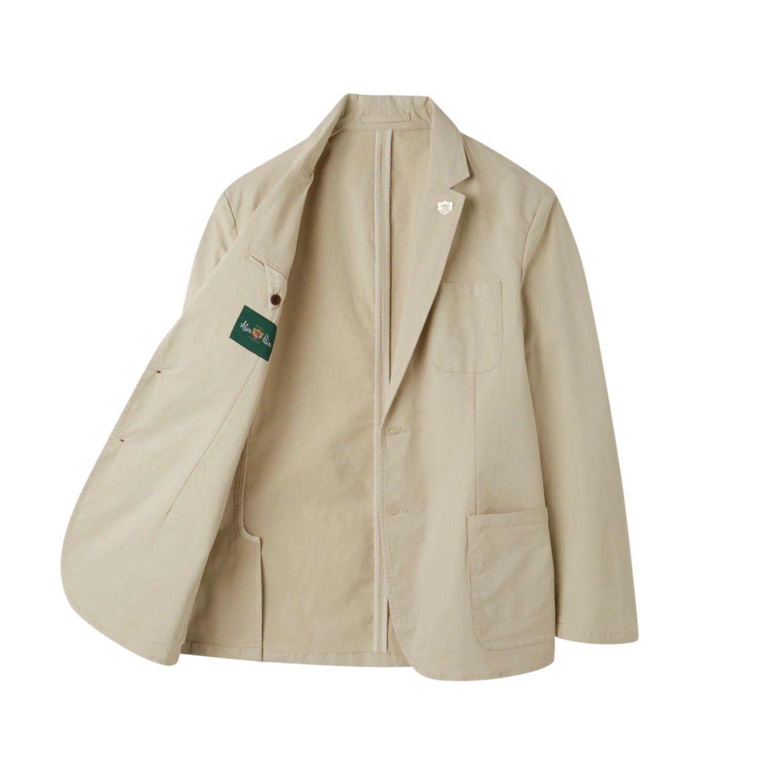 The Alan Paine Bridgeford Summer Blazer is a beige men's blazer featuring notch lapels, patch pockets, and a pin on the left lapel. Shown open to reveal its inner pocket and distinctive green label, this smart-casual blazer is crafted from breathable cotton—providing an ideal blend of comfort and style for warm-weather occasions.