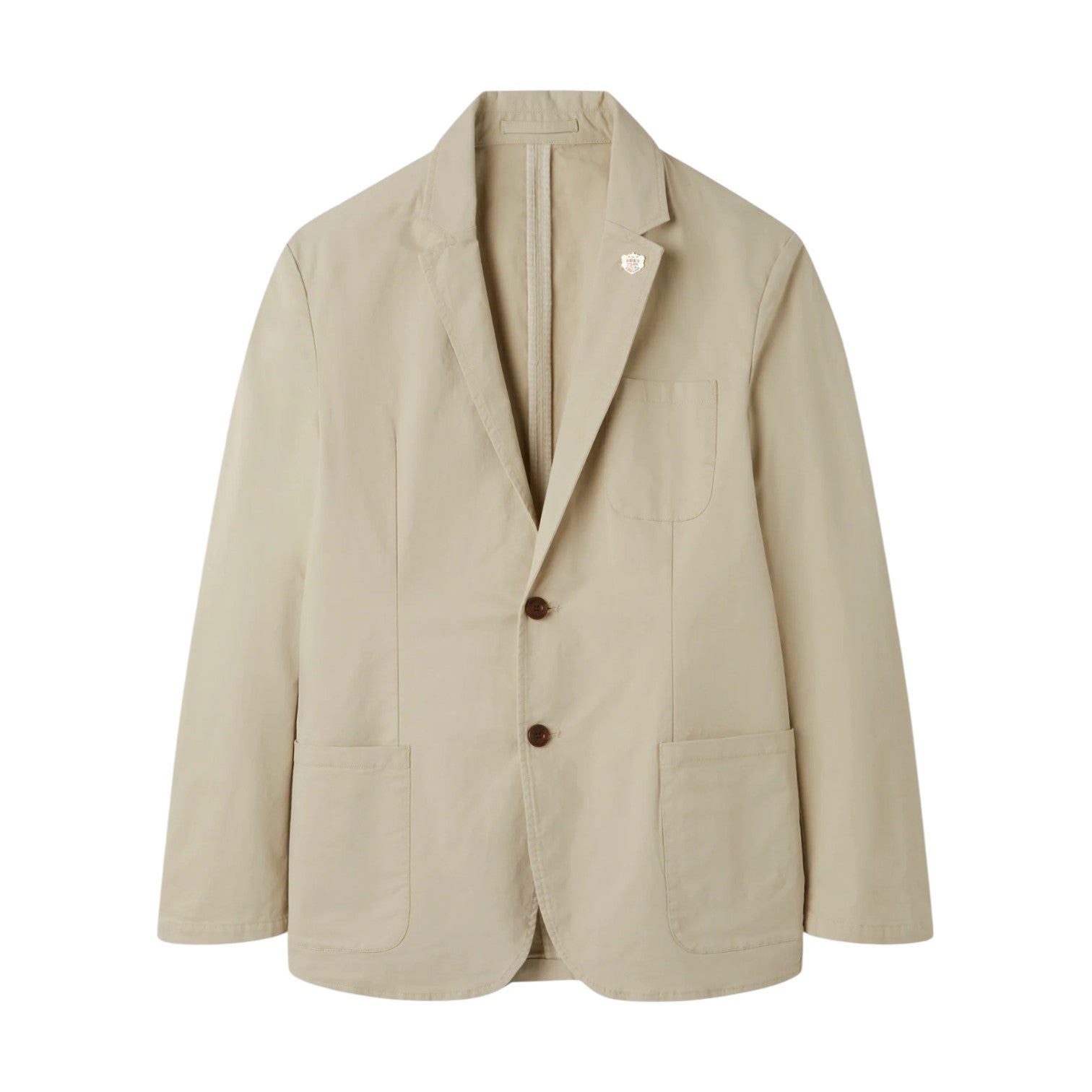 The Alan Paine Bridgeford Summer Blazer is a light beige smart-casual jacket featuring two buttons, three front pockets, and a subtle lapel pin. Crafted from breathable cotton, it is displayed against a plain white background.