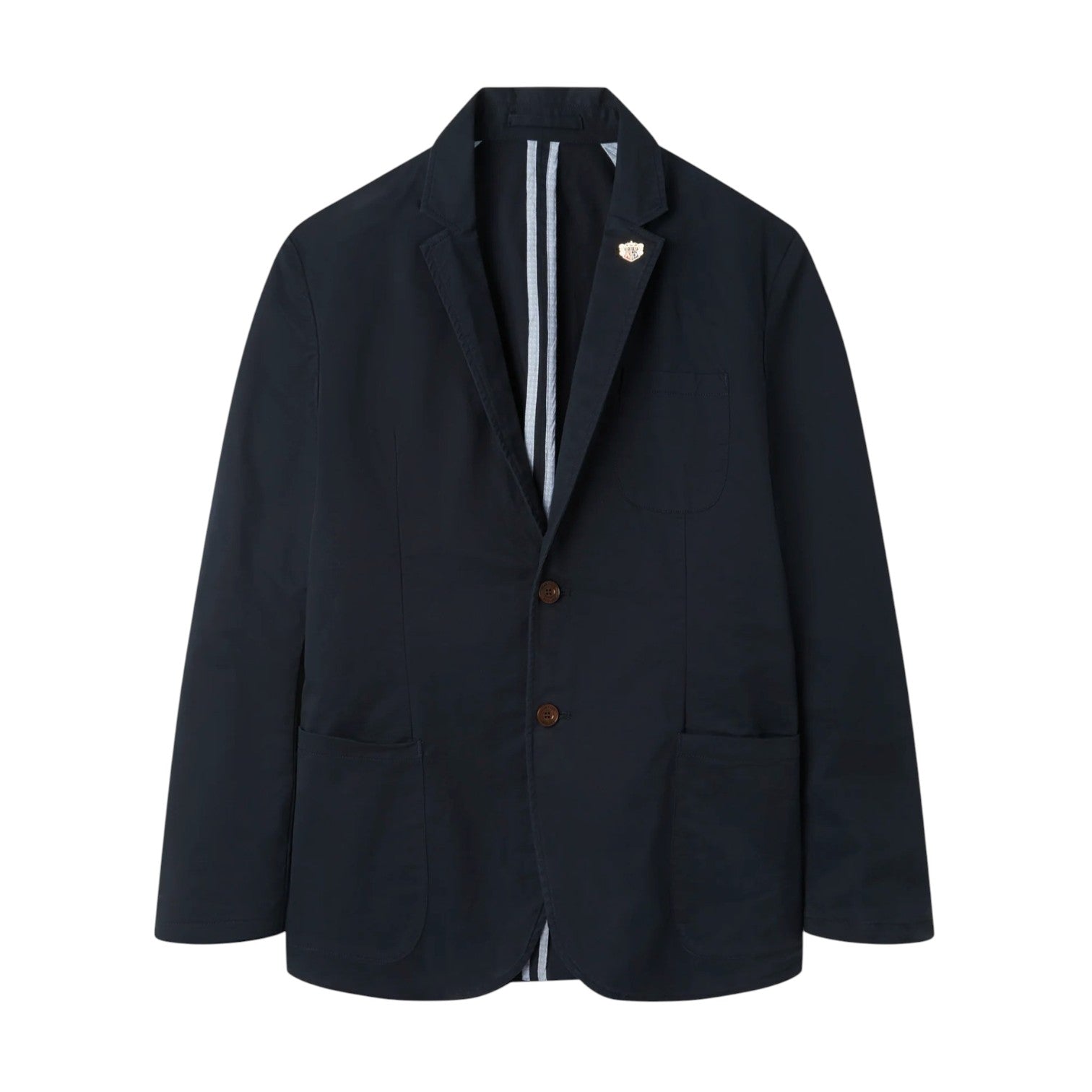 The Alan Paine Bridgeford Summer Blazer, shown against a white background, is a navy blue smart-casual jacket featuring two buttons, patch pockets, notched lapels, and a subtle pin on the left collar.