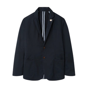 The Alan Paine Bridgeford Summer Blazer, shown against a white background, is a navy blue smart-casual jacket featuring two buttons, patch pockets, notched lapels, and a subtle pin on the left collar.