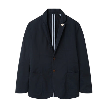 The Alan Paine Bridgeford Summer Blazer, shown against a white background, is a navy blue smart-casual jacket featuring two buttons, patch pockets, notched lapels, and a subtle pin on the left collar.