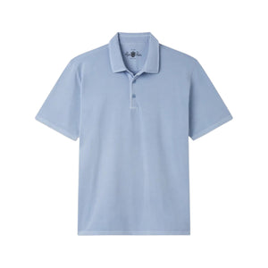 The Alan Paine Tutbury Faded Dye Jersey Polo is a light blue short-sleeve vintage-style polo shirt, featuring a classic collar and three-button placket, displayed on a plain white background. Designed for casual summer wear, this polo offers a flexible fit for everyday comfort and effortless style.