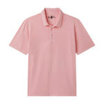 The Alan Paine Tutbury Faded Jersey Polo is a light pink short sleeve polo shirt featuring a classic collar and two-button placket, laid flat against a white background—its relaxed fit and soft jersey fabric make it an ideal choice for comfortable, everyday summer style.