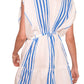 A person wearing a sleeveless white short dress with blue vertical stripes, showing the back view of the perfect piece for resort wear: the lemlem Alem Plunge Dress by Lemlem.