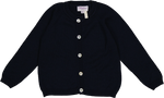 The Kidiwi Baby Girls' and Girls' Alenza Merino Wool Round Neck Cardigan, in navy blue with long sleeves and ribbed collar, cuffs, and hem, is breathable, temperature-regulating, and shown flat on a white background.